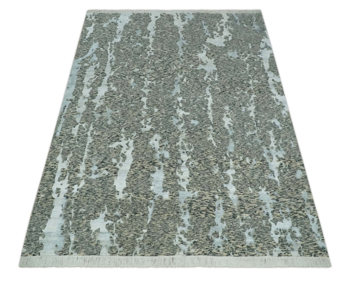 Modern Abstract Charcoal, Beige and Silver Hand Knotted 5.6x8 wool and Bamboo Silk area Rug