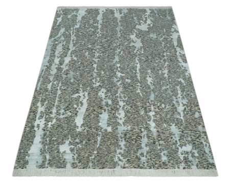 Modern Abstract Charcoal, Beige and Silver Hand Knotted 5.6x8 wool and Bamboo Silk area Rug