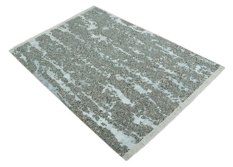 Modern Abstract Charcoal, Beige and Silver Hand Knotted 5.6x8 wool and Bamboo Silk area Rug