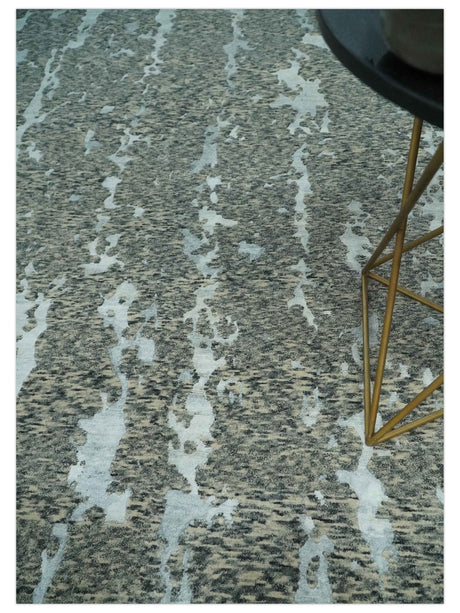 Modern Abstract Charcoal, Beige and Silver Hand Knotted 5.6x8 wool and Bamboo Silk area Rug