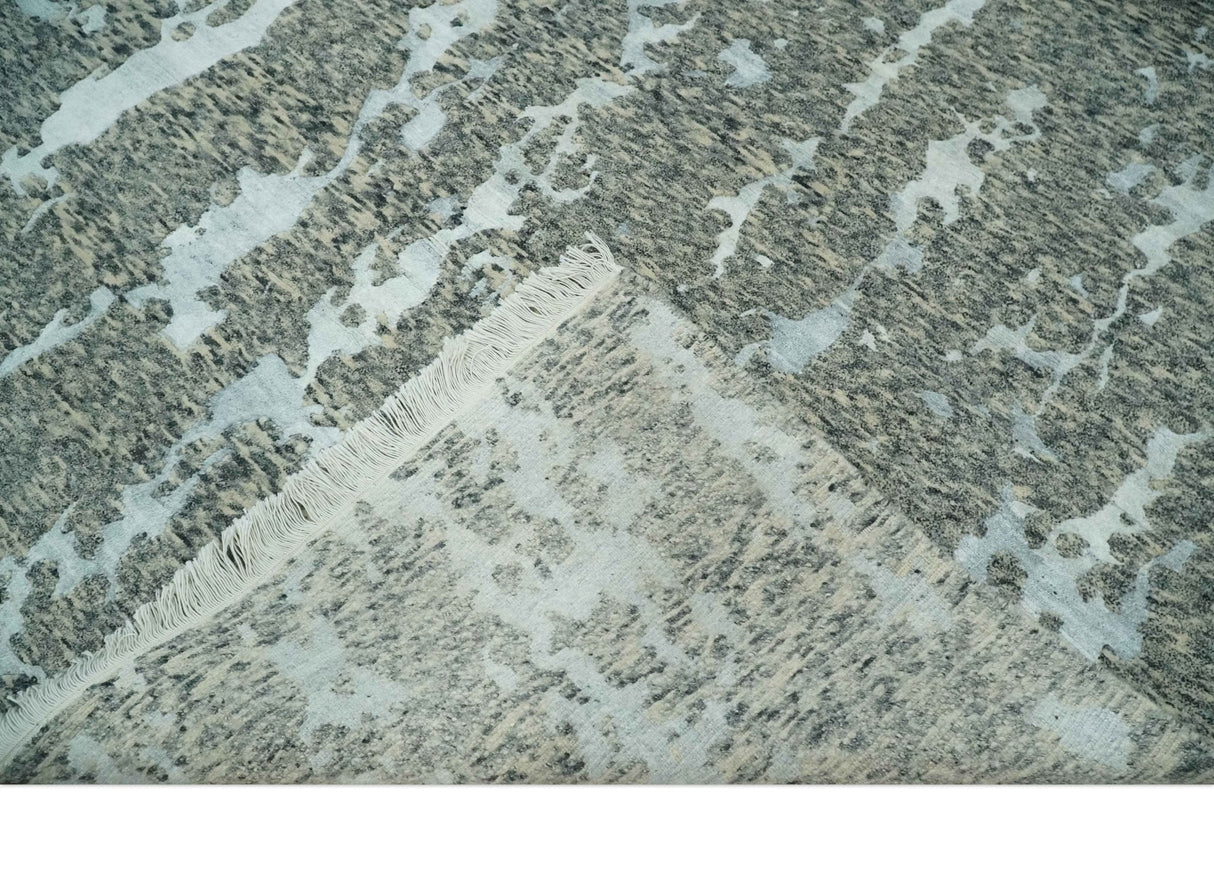 Modern Abstract Charcoal, Beige and Silver Hand Knotted 5.6x8 wool and Bamboo Silk area Rug