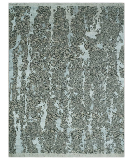 Modern Abstract Charcoal, Beige and Silver Hand Knotted 5.6x8 wool and Bamboo Silk area Rug