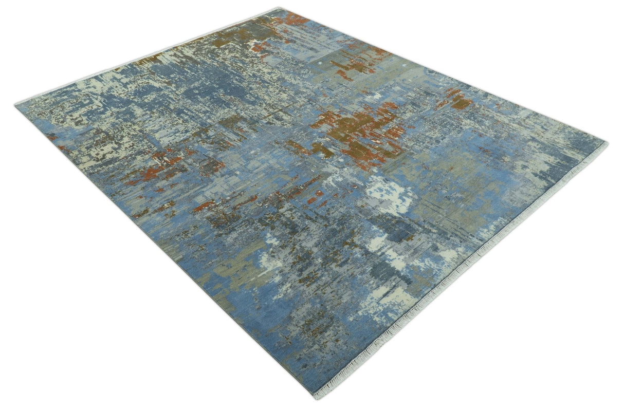 Modern Abstract Design Beige And Blue 8x10 Hand Knotted Wool, Art Silk Rug