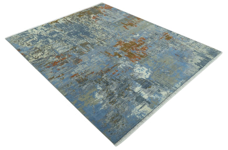 Modern Abstract Design Beige And Blue 8x10 Hand Knotted Wool, Art Silk Rug