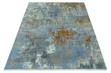 Modern Abstract Design Beige And Blue 8x10 Hand Knotted Wool, Art Silk Rug
