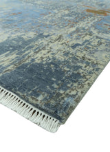 Modern Abstract Design Beige And Blue 8x10 Hand Knotted Wool, Art Silk Rug