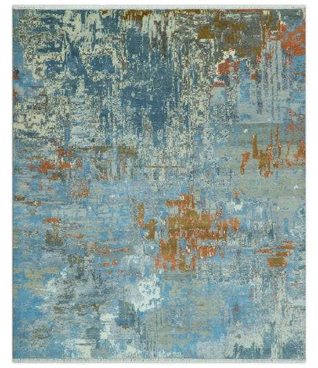 Modern Abstract Design Beige And Blue 8x10 Hand Knotted Wool, Art Silk Rug