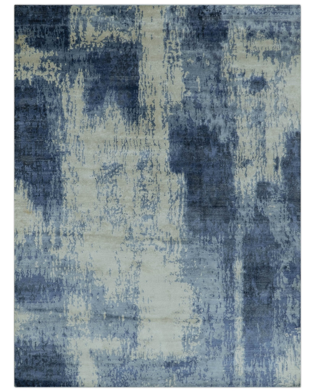 Modern Abstract Design Beige And Blue 9x12 Hand Knotted Bamboo Silk Area Rug