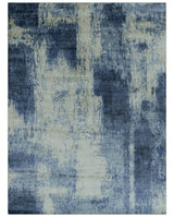 Modern Abstract Design Beige And Blue 9x12 Hand Knotted Bamboo Silk Area Rug