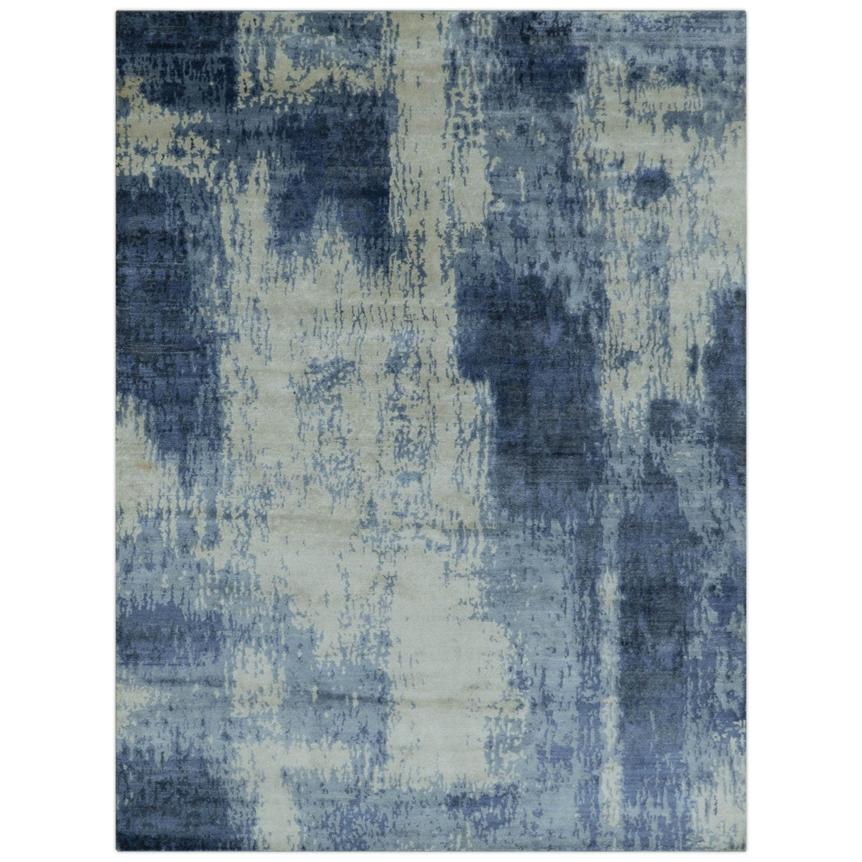Modern Abstract Design Beige And Blue 9x12 Hand Knotted Bamboo Silk Area Rug