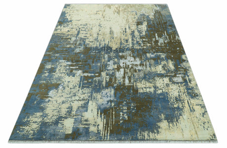 Modern Abstract Design Beige And Blue 9x12 Hand Knotted Wool Area Rug