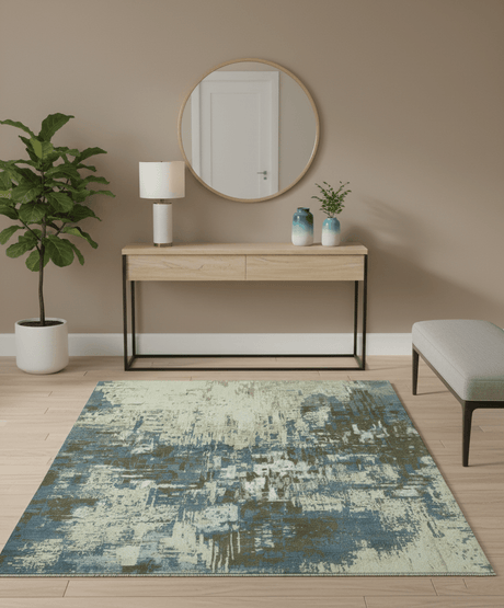 Modern Abstract Design Beige And Blue 9x12 Hand Knotted Wool Area Rug