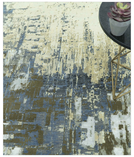 Modern Abstract Design Beige And Blue 9x12 Hand Knotted Wool Area Rug