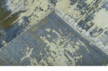 Modern Abstract Design Beige And Blue 9x12 Hand Knotted Wool Area Rug