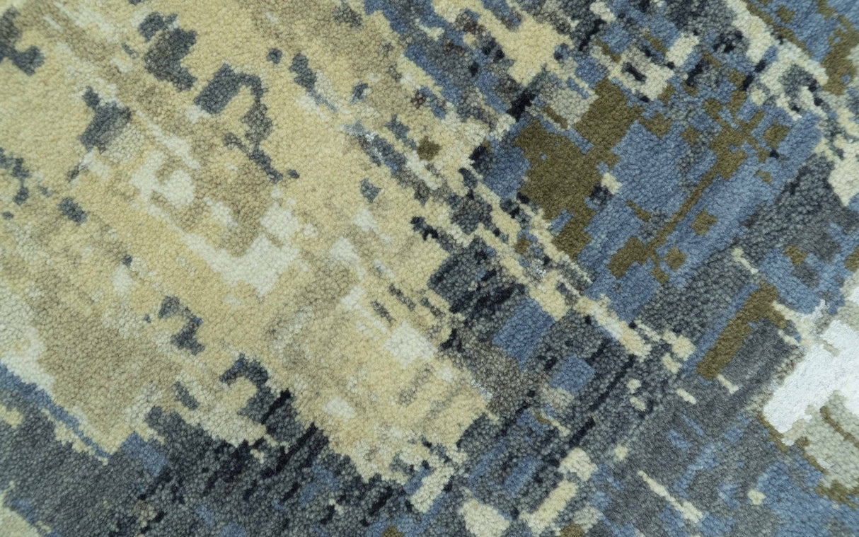 Modern Abstract Design Beige And Blue 9x12 Hand Knotted Wool Area Rug