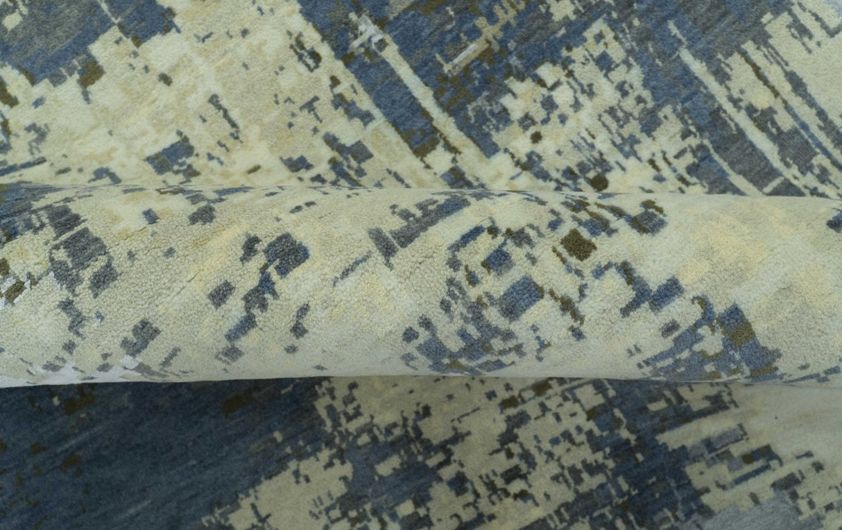 Modern Abstract Design Beige And Blue 9x12 Hand Knotted Wool Area Rug