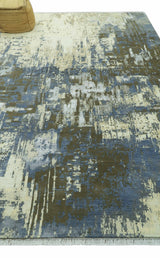 Modern Abstract Design Beige And Blue 9x12 Hand Knotted Wool Area Rug