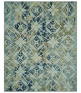 Modern Abstract Design Blue And Beige Hand Knotted 8x10 Wool And Real Silk Area Rug
