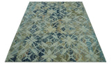 Modern Abstract Design Blue And Beige Hand Knotted 8x10 Wool And Real Silk Area Rug