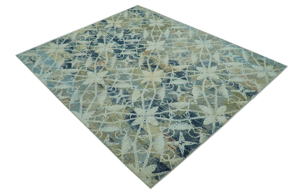 Modern Abstract Design Blue And Beige Hand Knotted 8x10 Wool And Real Silk Area Rug