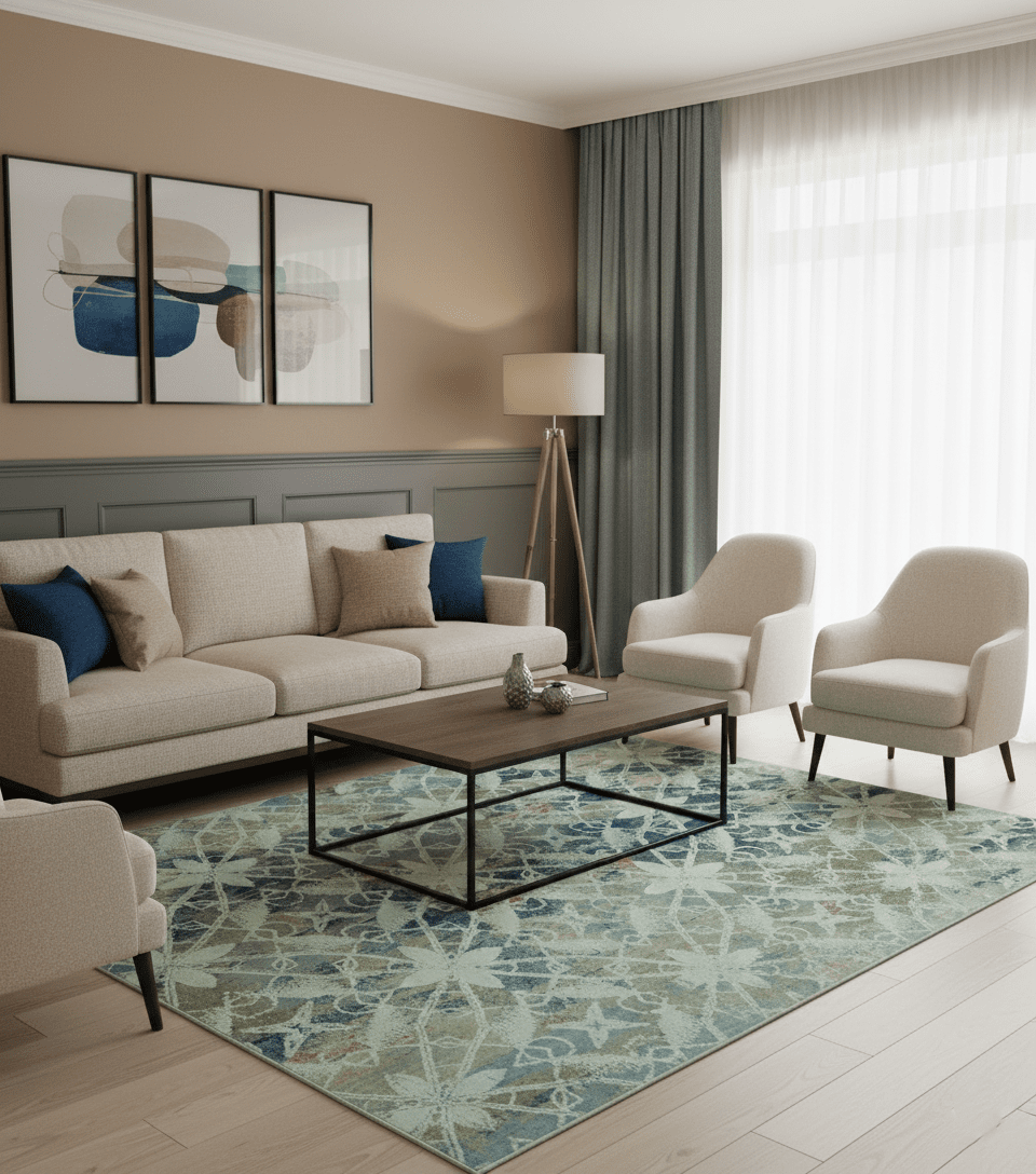 Modern Abstract Design Blue And Beige Hand Knotted 8x10 Wool And Real Silk Area Rug