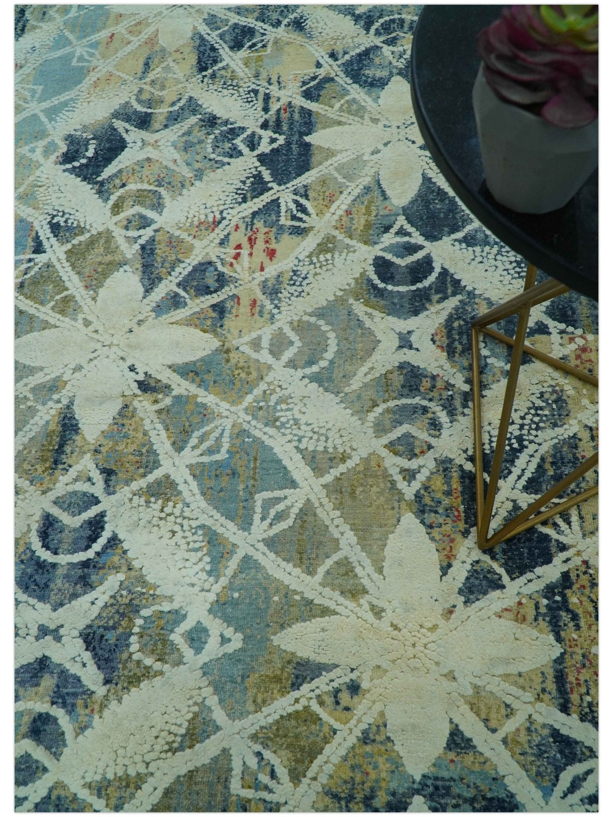 Modern Abstract Design Blue And Beige Hand Knotted 8x10 Wool And Real Silk Area Rug