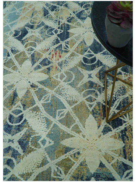 Modern Abstract Design Blue And Beige Hand Knotted 8x10 Wool And Real Silk Area Rug