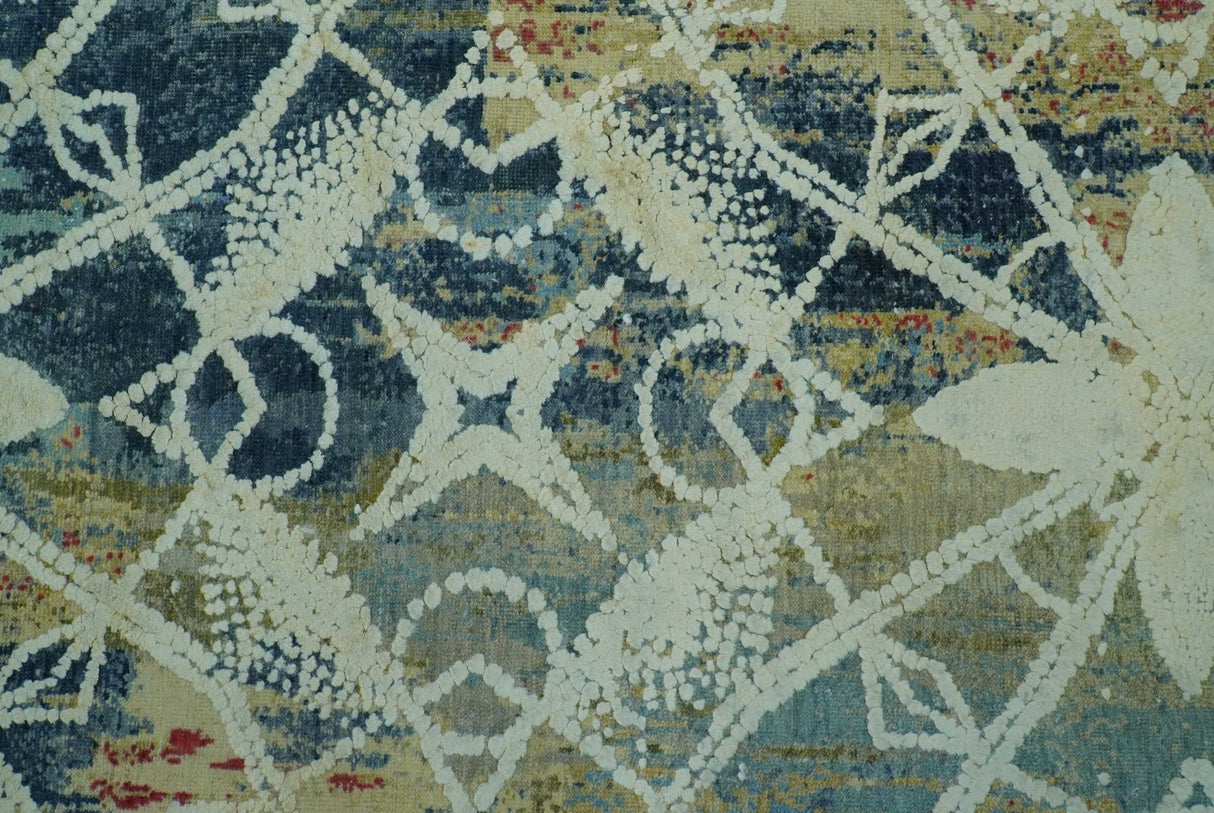 Modern Abstract Design Blue And Beige Hand Knotted 8x10 Wool And Real Silk Area Rug