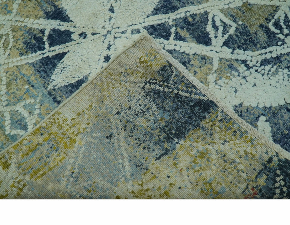 Modern Abstract Design Blue And Beige Hand Knotted 8x10 Wool And Real Silk Area Rug