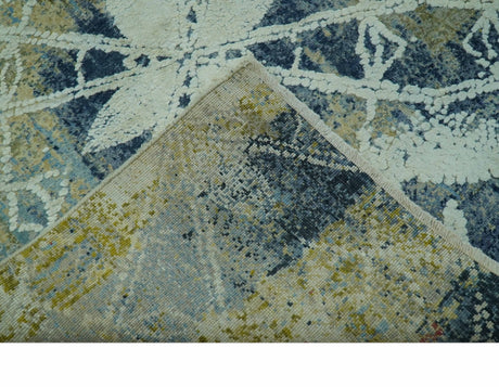 Modern Abstract Design Blue And Beige Hand Knotted 8x10 Wool And Real Silk Area Rug