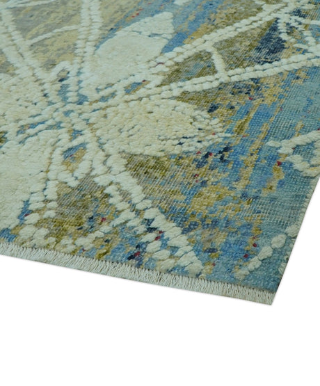 Modern Abstract Design Blue And Beige Hand Knotted 8x10 Wool And Real Silk Area Rug