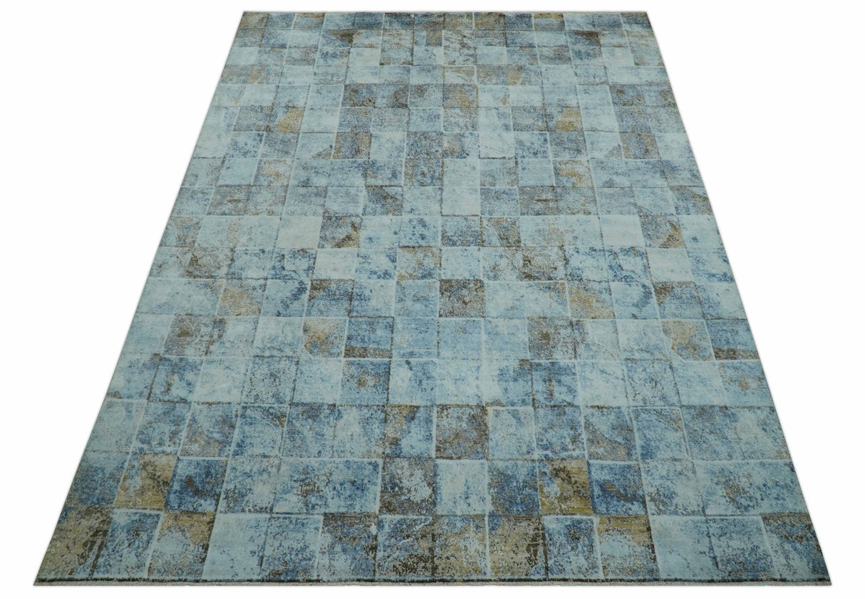 Modern Abstract Design Blue And Brown 8x10 Hand Knotted Wool Area Rug