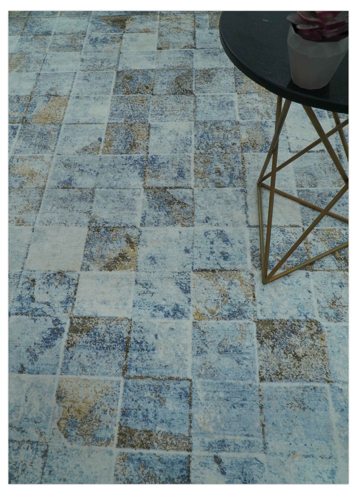 Modern Abstract Design Blue And Brown 8x10 Hand Knotted Wool Area Rug