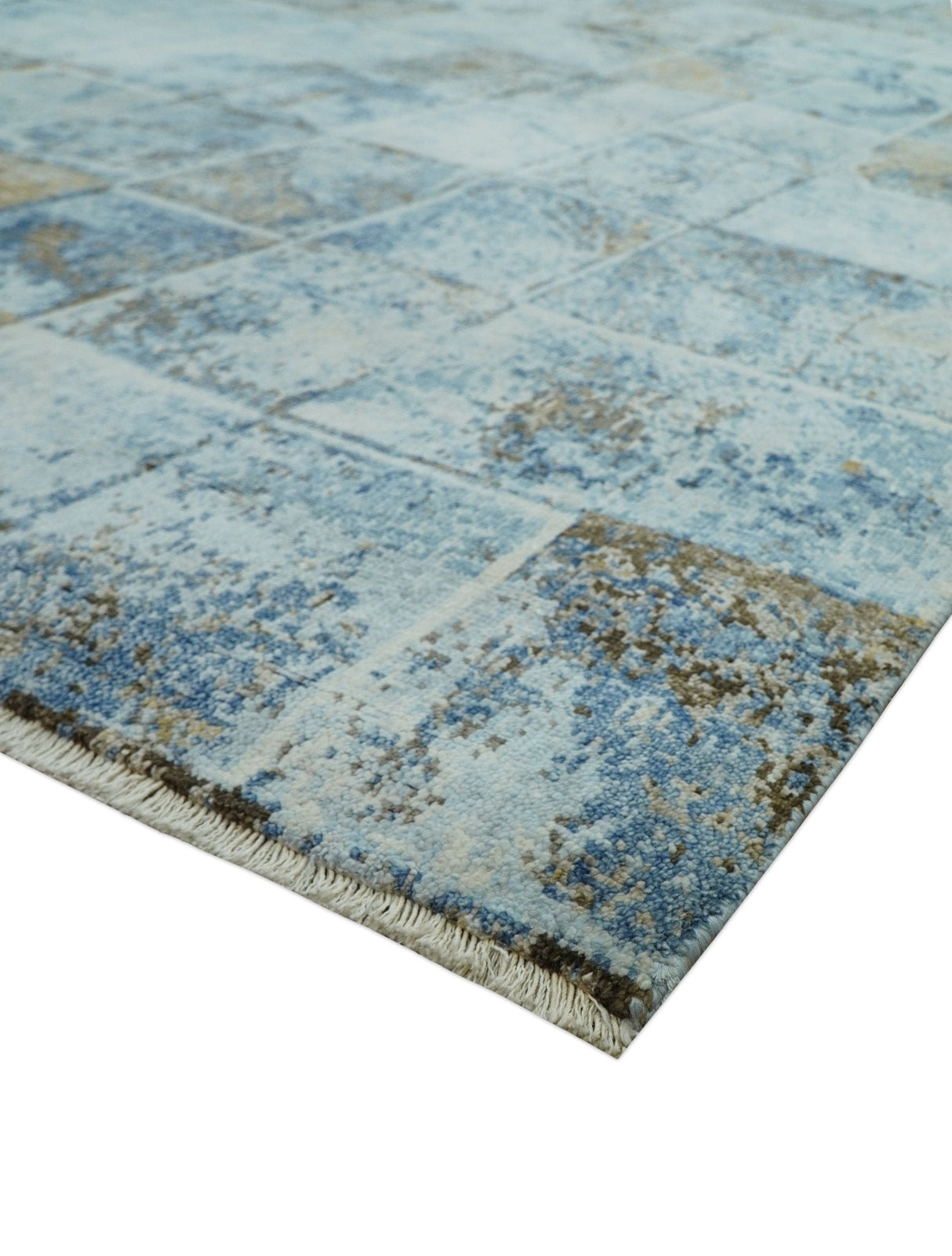 Modern Abstract Design Blue And Brown 8x10 Hand Knotted Wool Area Rug