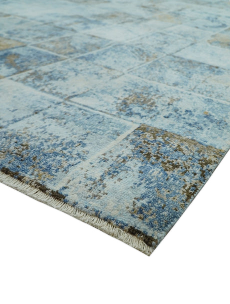 Modern Abstract Design Blue And Brown 8x10 Hand Knotted Wool Area Rug