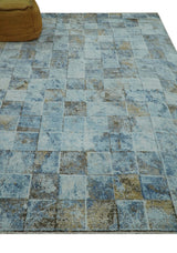 Modern Abstract Design Blue And Brown 8x10 Hand Knotted Wool Area Rug