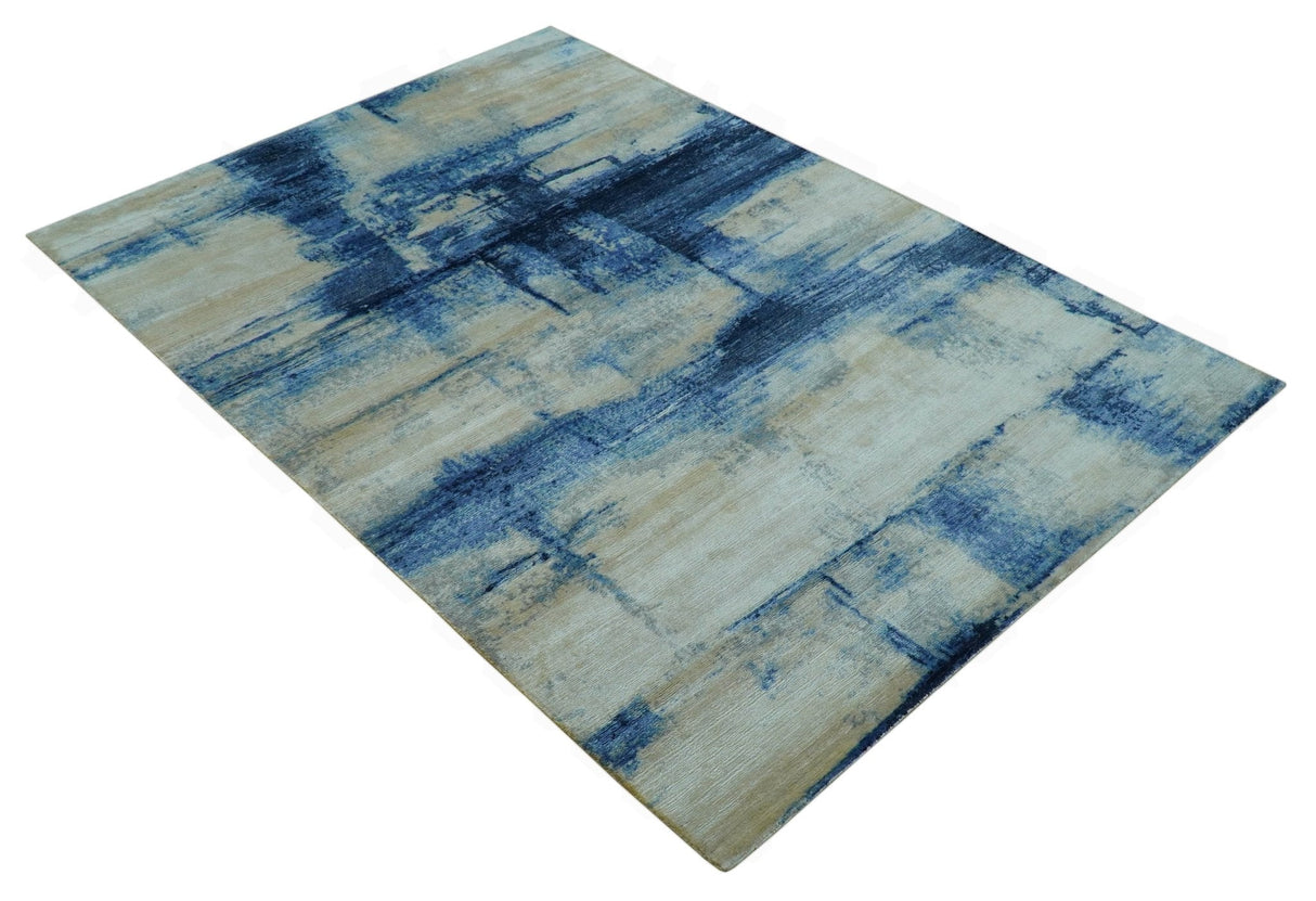 Modern Abstract Design Blue And Ivory Hand Knotted 6x9 Bamboo Silk Area Rug