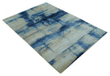 Modern Abstract Design Blue And Ivory Hand Knotted 6x9 Bamboo Silk Area Rug