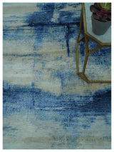 Modern Abstract Design Blue And Ivory Hand Knotted 6x9 Bamboo Silk Area Rug