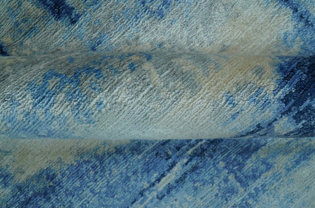 Modern Abstract Design Blue And Ivory Hand Knotted 6x9 Bamboo Silk Area Rug