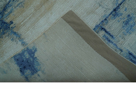 Modern Abstract Design Blue And Ivory Hand Knotted 6x9 Bamboo Silk Area Rug
