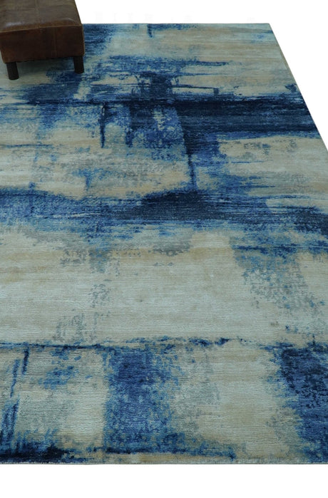 Modern Abstract Design Blue And Ivory Hand Knotted 6x9 Bamboo Silk Area Rug
