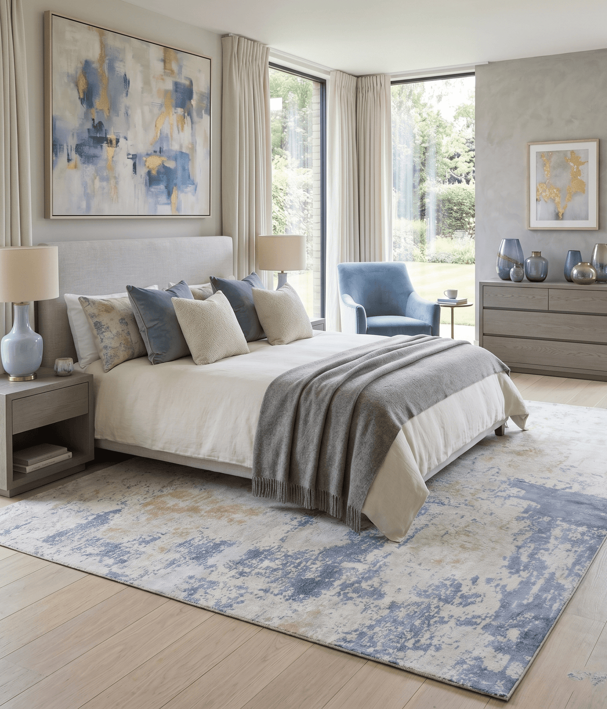 Modern Abstract Design Blue and Ivory Hand Loomed Art Silk Area Rug