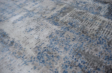 Modern Abstract Gray and Blue Bamboo Silk Hand Knotted 8x10 Area Rug