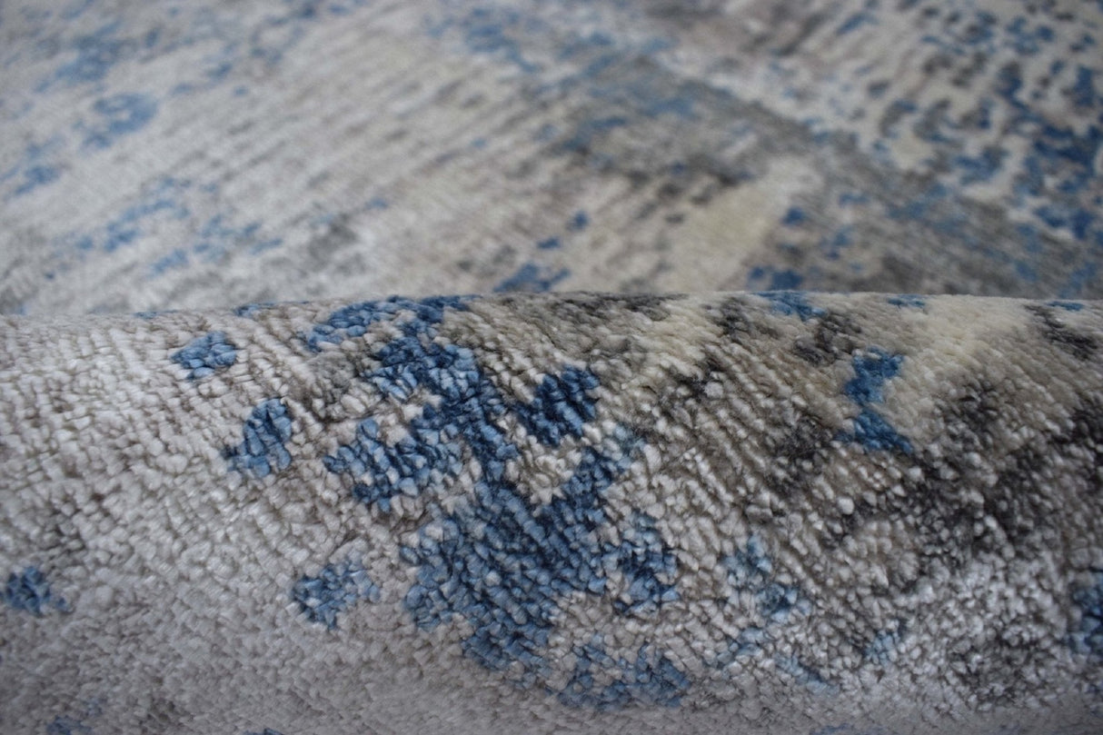 Modern Abstract Gray and Blue Bamboo Silk Hand Knotted 8x10 Area Rug