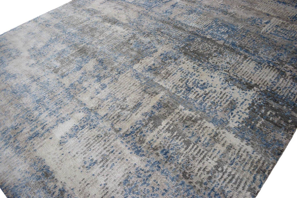Modern Abstract Gray and Blue Bamboo Silk Hand Knotted 8x10 Area Rug