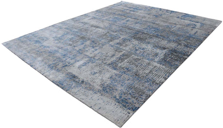 Modern Abstract Gray and Blue Bamboo Silk Hand Knotted 8x10 Area Rug