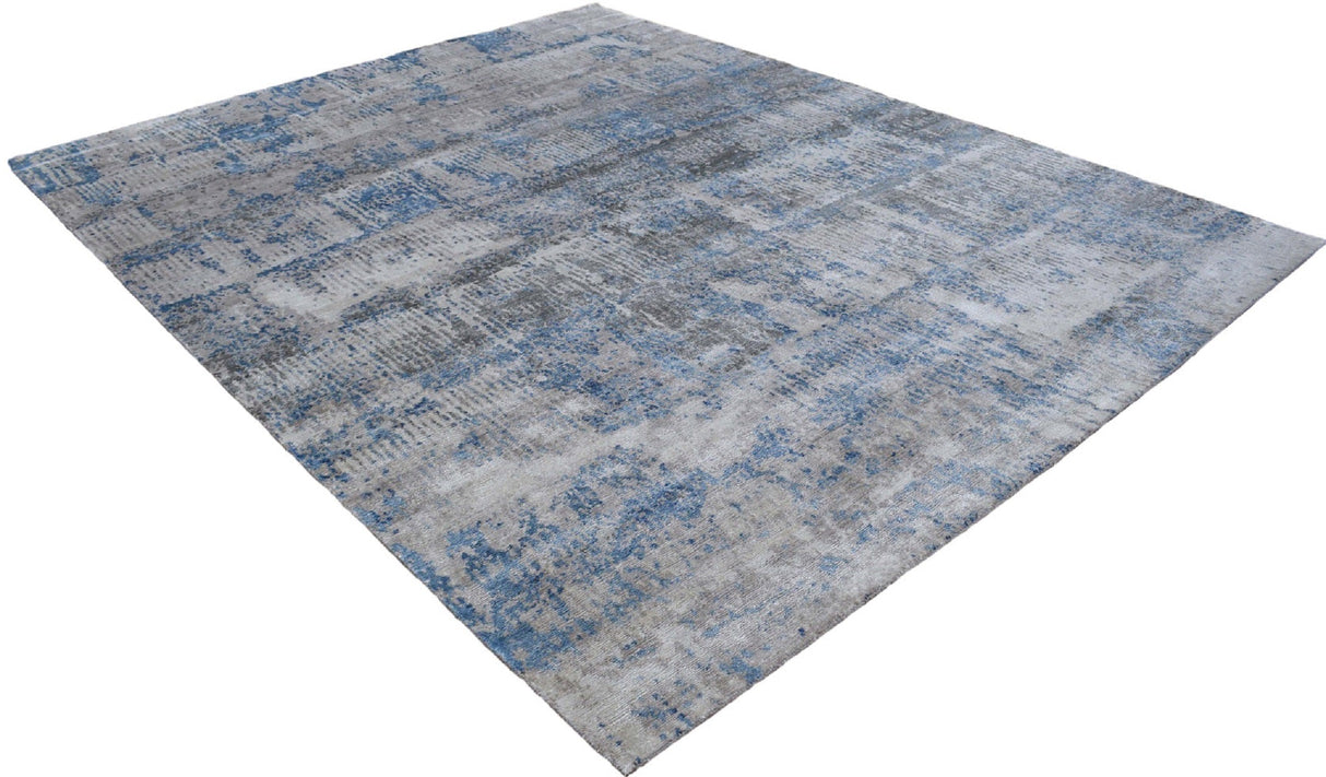 Modern Abstract Gray and Blue Bamboo Silk Hand Knotted 8x10 Area Rug