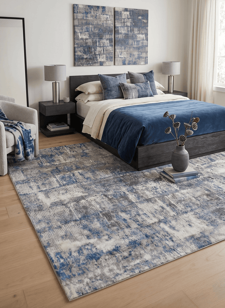 Modern Abstract Gray and Blue Bamboo Silk Hand Knotted 8x10 Area Rug