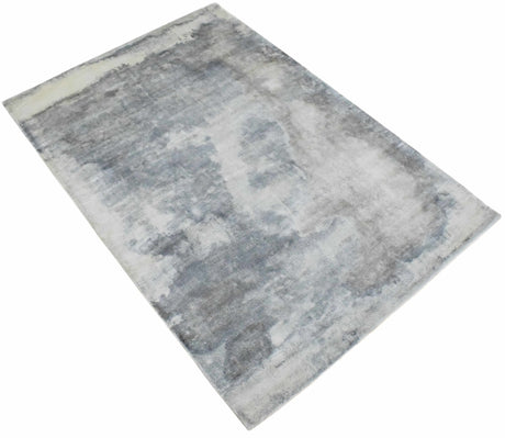 Modern Abstract Gray and Ivory Hand Loom Viscose 5x8 Area Rug